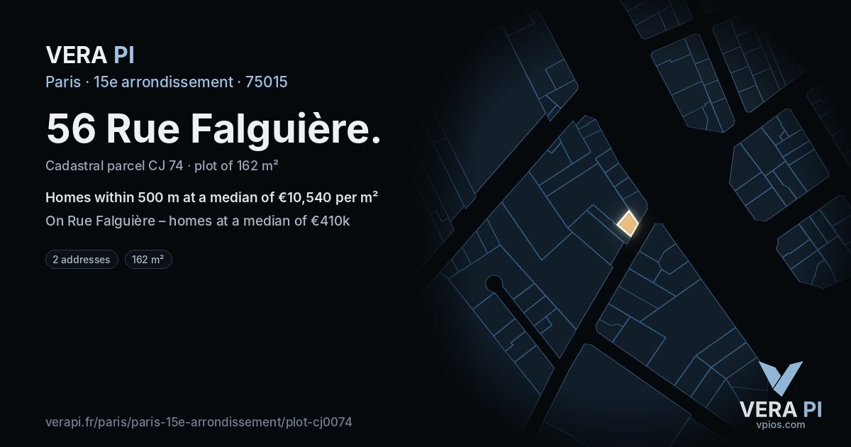 56 Rue Falguière, 15e arrondissement at night – the plot lit, the parcels around coloured by the prices near them