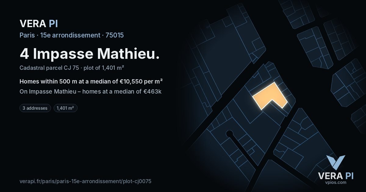 4 Impasse Mathieu, 15e arrondissement at night – the plot lit, the parcels around coloured by the prices near them