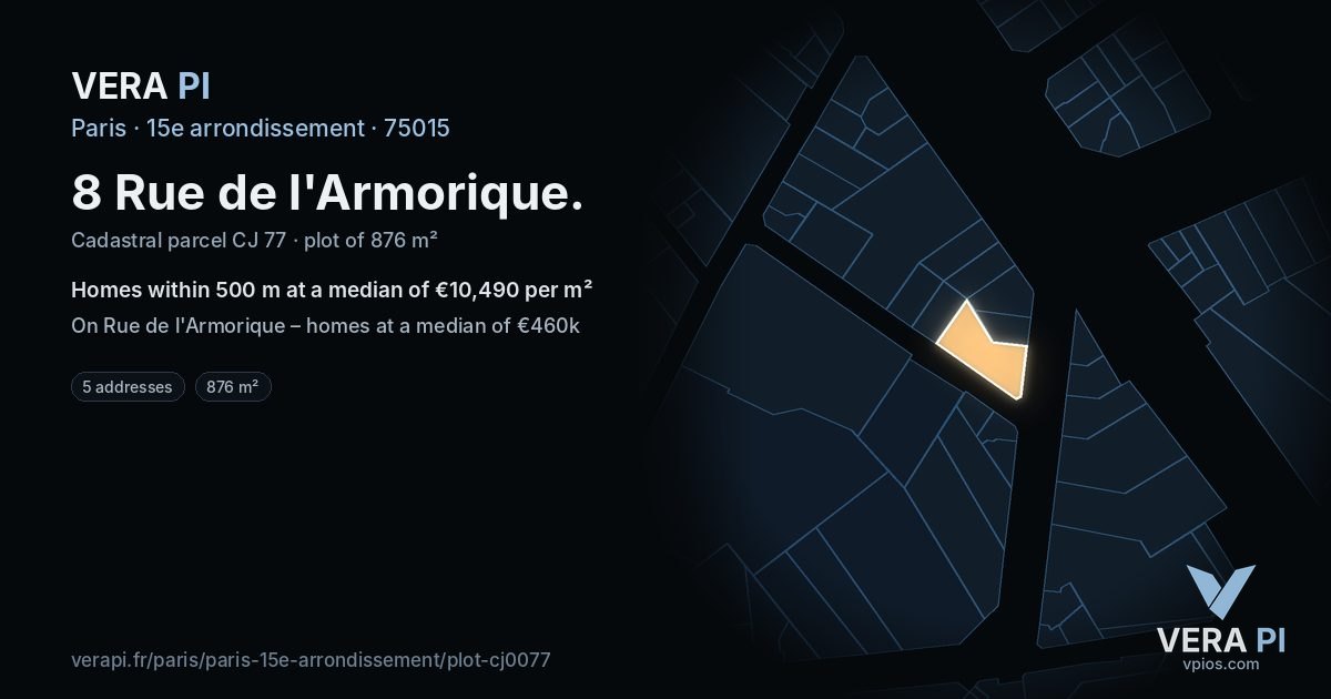8 Rue de l'Armorique, 15e arrondissement at night – the plot lit, the parcels around coloured by the prices near them