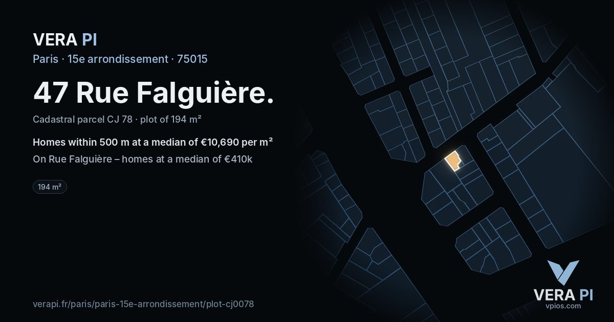 47 Rue Falguière, 15e arrondissement at night – the plot lit, the parcels around coloured by the prices near them