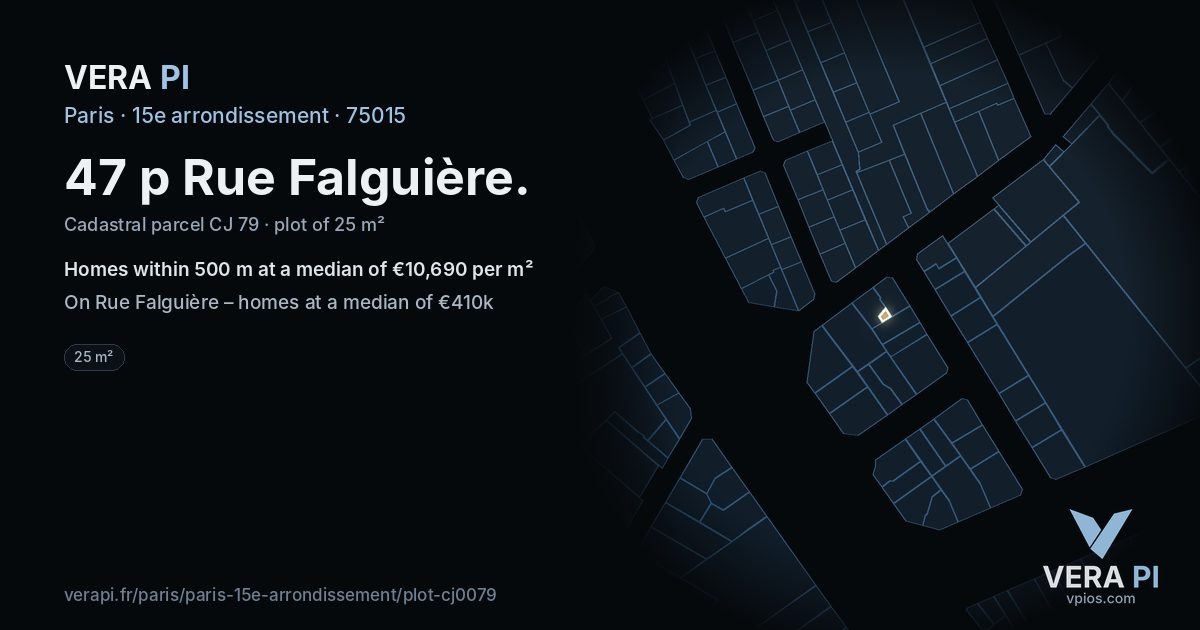 47 p Rue Falguière, 15e arrondissement at night – the plot lit, the parcels around coloured by the prices near them