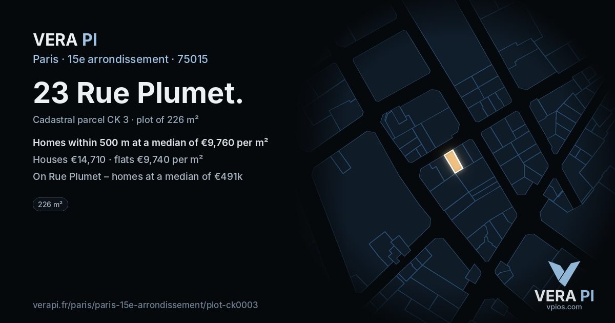 23 Rue Plumet, 15e arrondissement at night – the plot lit, the parcels around coloured by the prices near them