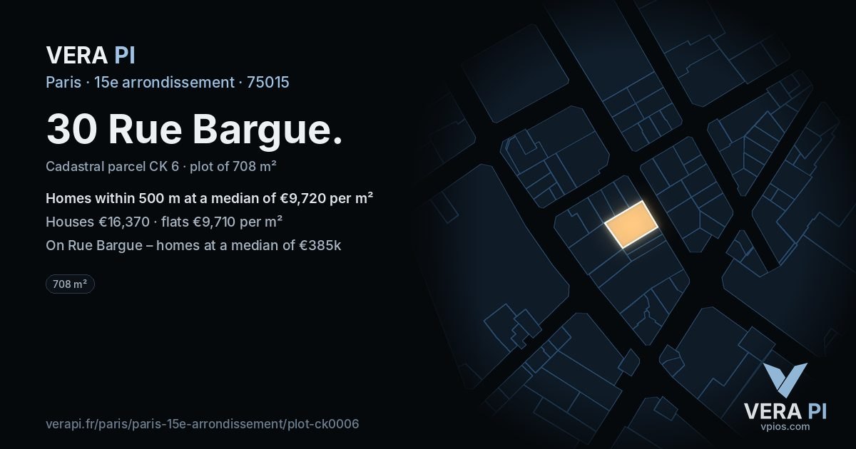 30 Rue Bargue, 15e arrondissement at night – the plot lit, the parcels around coloured by the prices near them