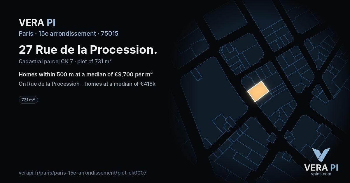 27 Rue de la Procession, 15e arrondissement at night – the plot lit, the parcels around coloured by the prices near them