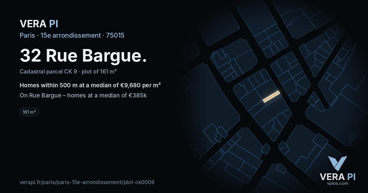 32 Rue Bargue, 15e arrondissement at night – the plot lit, the parcels around coloured by the prices near them