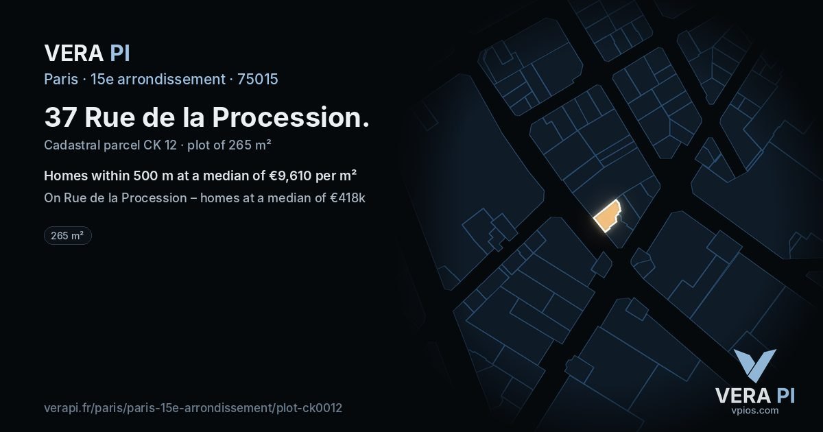37 Rue de la Procession, 15e arrondissement at night – the plot lit, the parcels around coloured by the prices near them