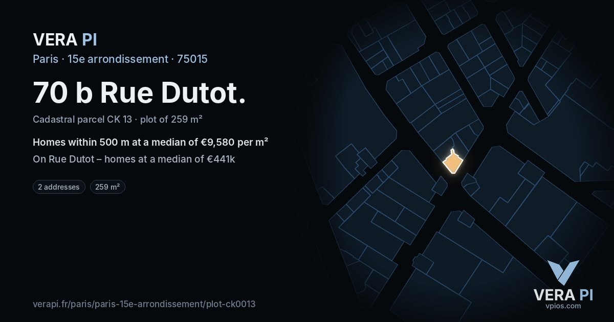 70 b Rue Dutot, 15e arrondissement at night – the plot lit, the parcels around coloured by the prices near them