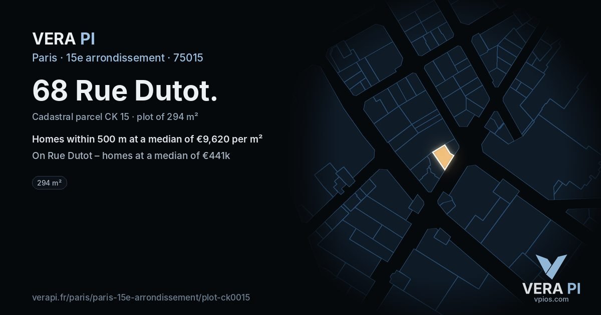 68 Rue Dutot, 15e arrondissement at night – the plot lit, the parcels around coloured by the prices near them