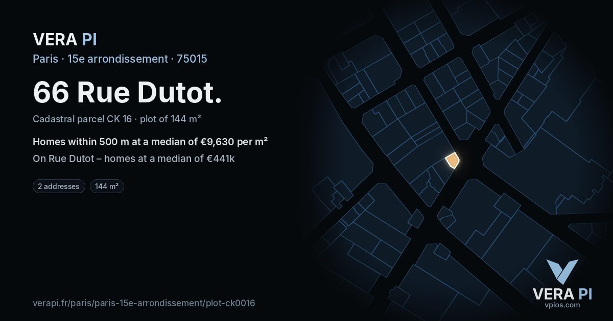 66 Rue Dutot, 15e arrondissement at night – the plot lit, the parcels around coloured by the prices near them