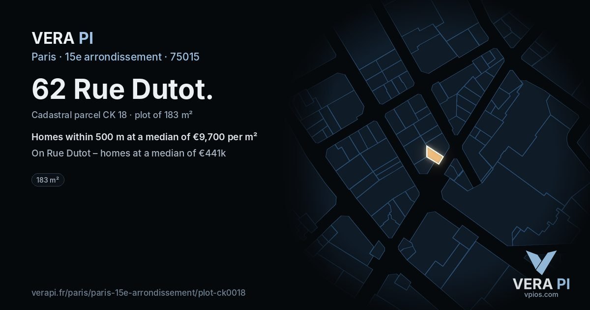 62 Rue Dutot, 15e arrondissement at night – the plot lit, the parcels around coloured by the prices near them