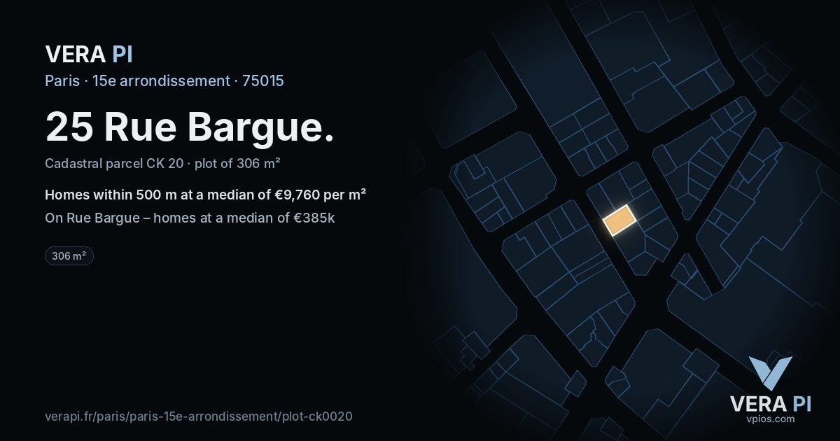 25 Rue Bargue, 15e arrondissement at night – the plot lit, the parcels around coloured by the prices near them