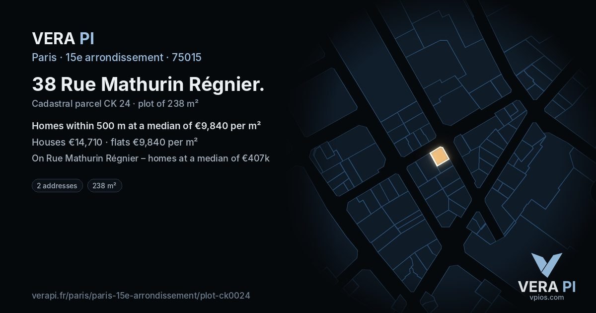 38 Rue Mathurin Régnier, 15e arrondissement at night – the plot lit, the parcels around coloured by the prices near them