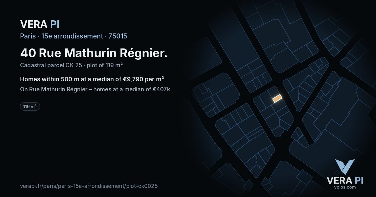 40 Rue Mathurin Régnier, 15e arrondissement at night – the plot lit, the parcels around coloured by the prices near them
