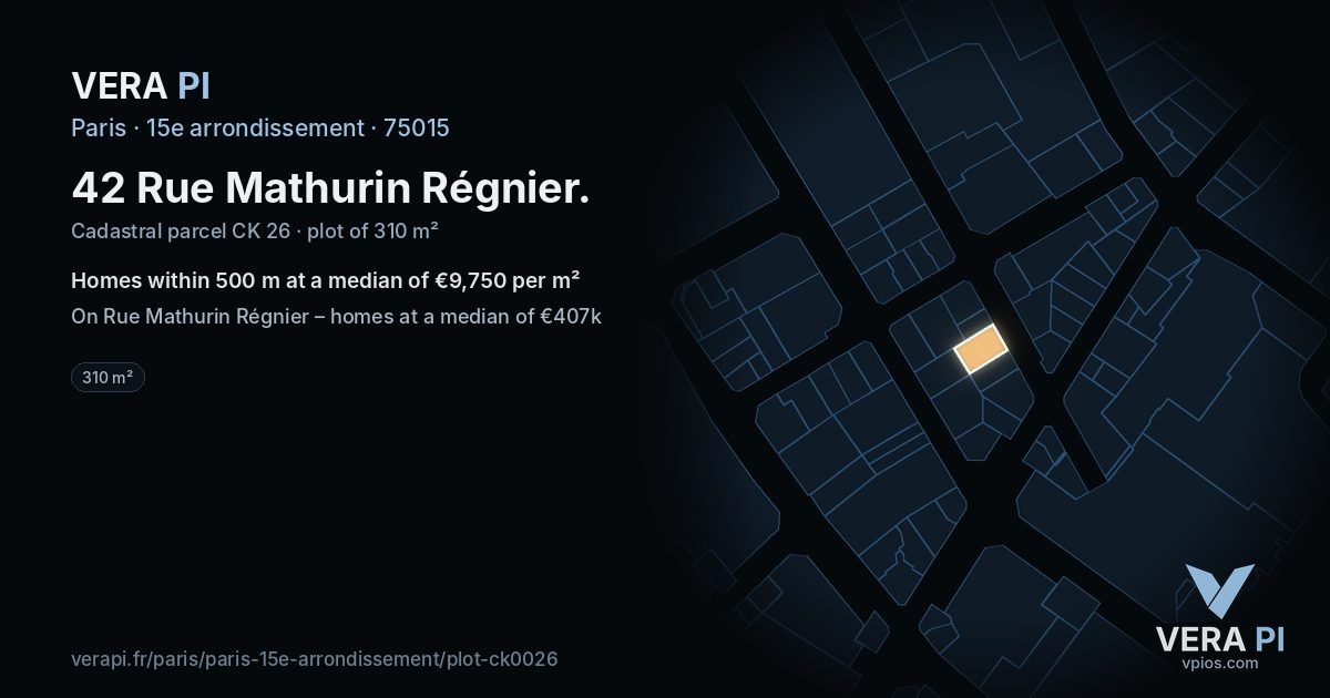 42 Rue Mathurin Régnier, 15e arrondissement at night – the plot lit, the parcels around coloured by the prices near them