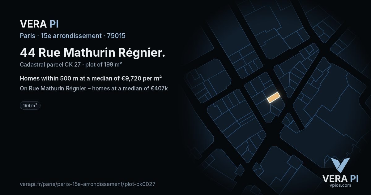 44 Rue Mathurin Régnier, 15e arrondissement at night – the plot lit, the parcels around coloured by the prices near them