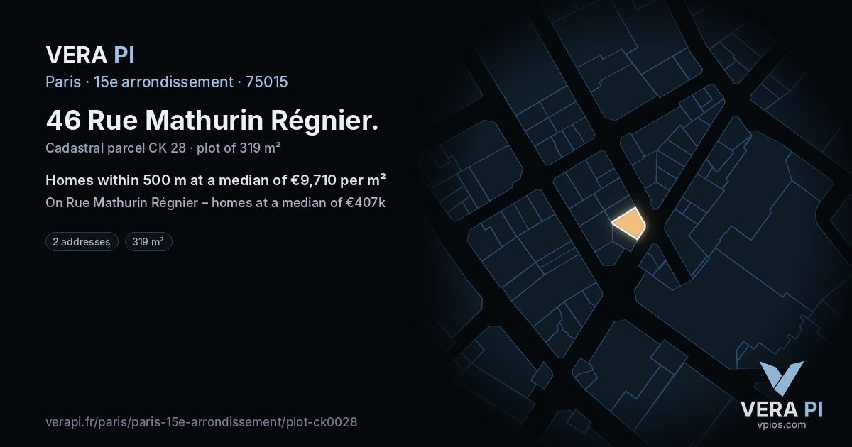 46 Rue Mathurin Régnier, 15e arrondissement at night – the plot lit, the parcels around coloured by the prices near them