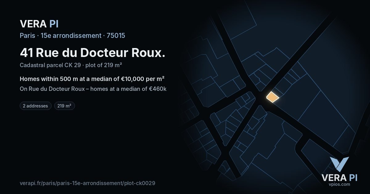 41 Rue du Docteur Roux, 15e arrondissement at night – the plot lit, the parcels around coloured by the prices near them