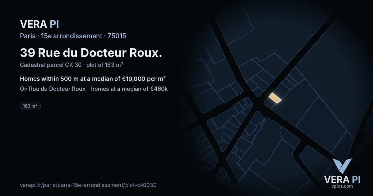 39 Rue du Docteur Roux, 15e arrondissement at night – the plot lit, the parcels around coloured by the prices near them
