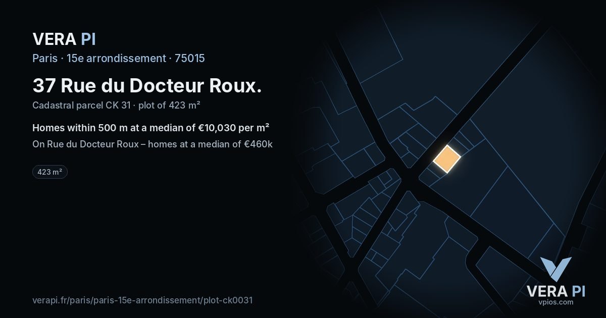 37 Rue du Docteur Roux, 15e arrondissement at night – the plot lit, the parcels around coloured by the prices near them