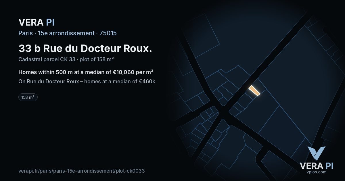 33 b Rue du Docteur Roux, 15e arrondissement at night – the plot lit, the parcels around coloured by the prices near them