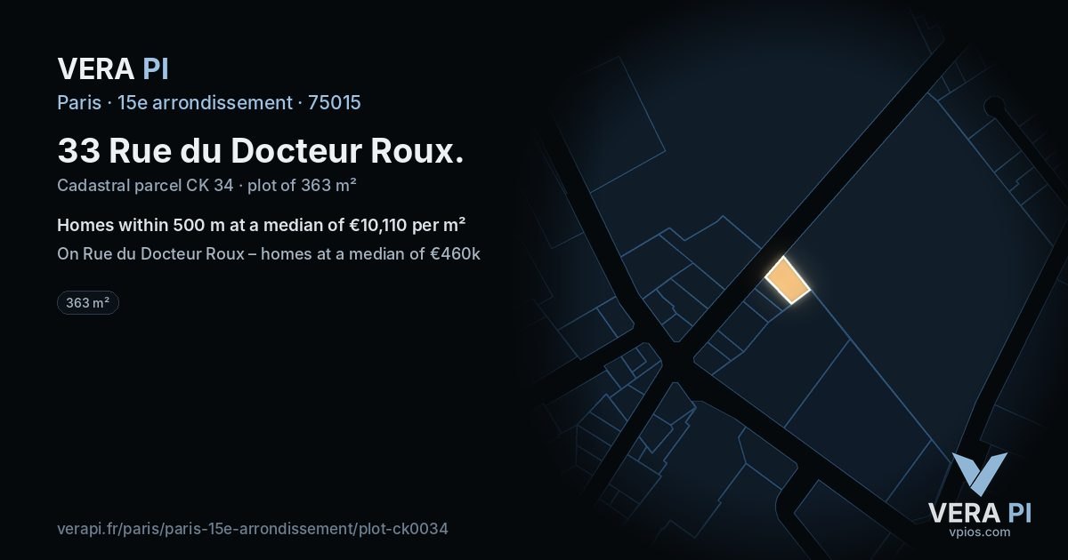 33 Rue du Docteur Roux, 15e arrondissement at night – the plot lit, the parcels around coloured by the prices near them
