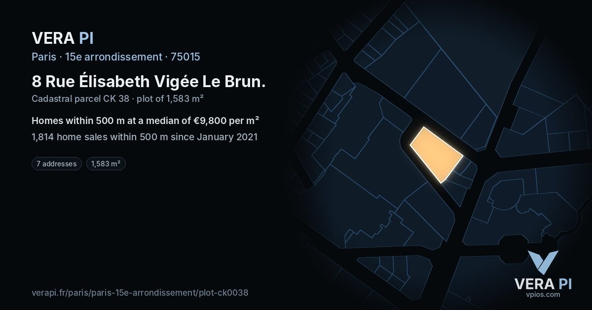 8 Rue Élisabeth Vigée Le Brun, 15e arrondissement at night – the plot lit, the parcels around coloured by the prices near them