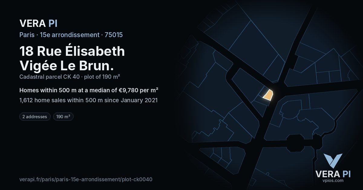 18 Rue Élisabeth Vigée Le Brun, 15e arrondissement at night – the plot lit, the parcels around coloured by the prices near them
