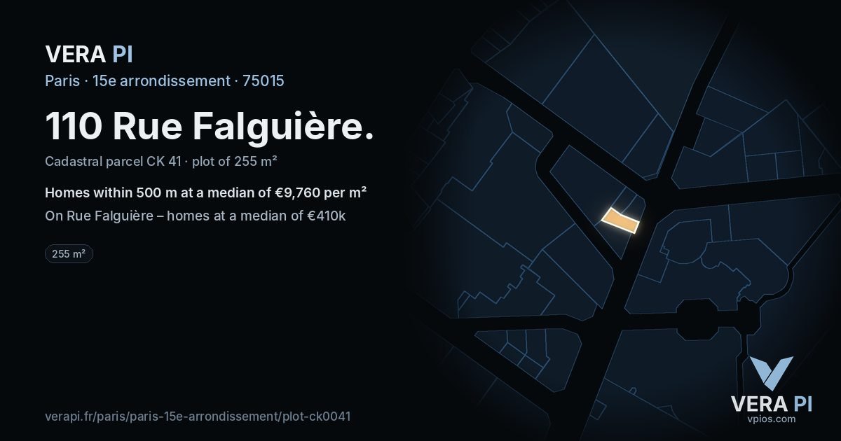 110 Rue Falguière, 15e arrondissement at night – the plot lit, the parcels around coloured by the prices near them