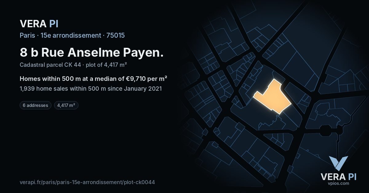 8 b Rue Anselme Payen, 15e arrondissement at night – the plot lit, the parcels around coloured by the prices near them