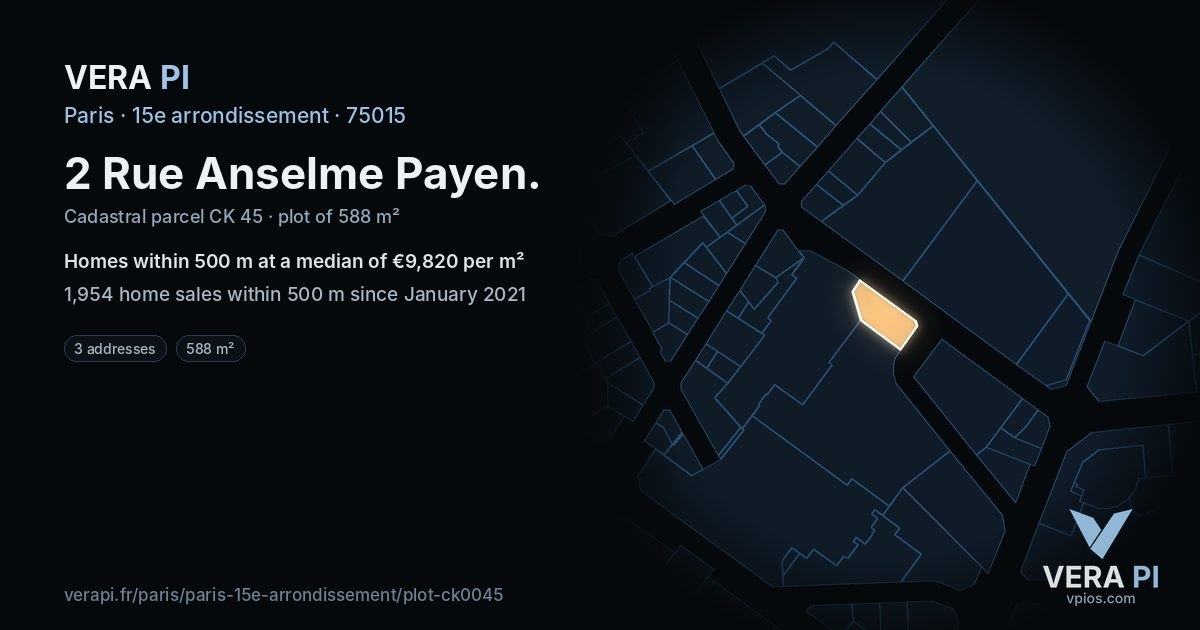 2 Rue Anselme Payen, 15e arrondissement at night – the plot lit, the parcels around coloured by the prices near them