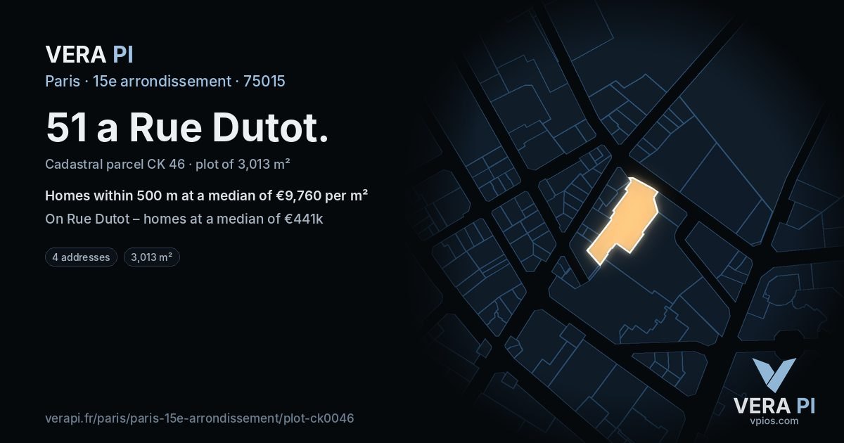 51 a Rue Dutot, 15e arrondissement at night – the plot lit, the parcels around coloured by the prices near them