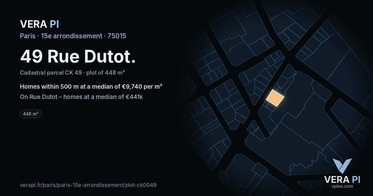 49 Rue Dutot, 15e arrondissement at night – the plot lit, the parcels around coloured by the prices near them