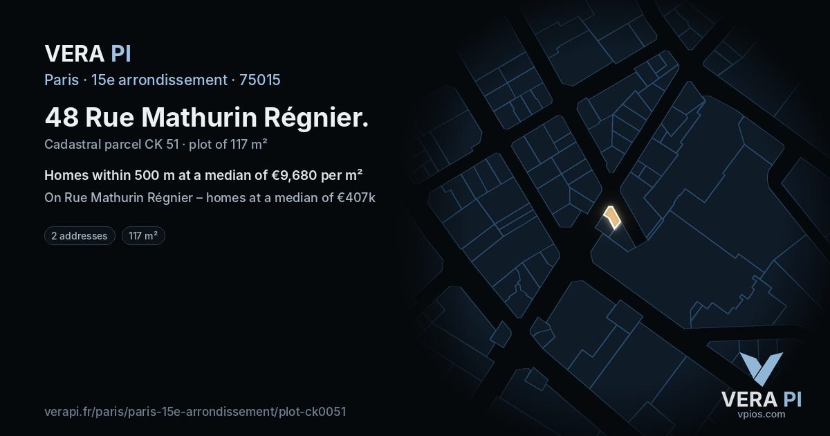48 Rue Mathurin Régnier, 15e arrondissement at night – the plot lit, the parcels around coloured by the prices near them