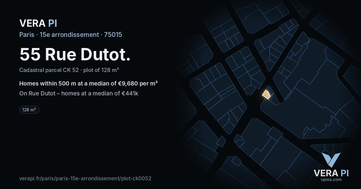 55 Rue Dutot, 15e arrondissement at night – the plot lit, the parcels around coloured by the prices near them