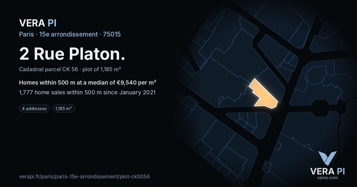 2 Rue Platon, 15e arrondissement at night – the plot lit, the parcels around coloured by the prices near them