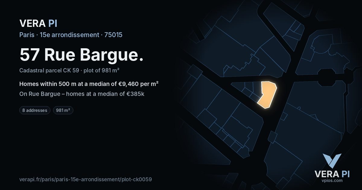 57 Rue Bargue, 15e arrondissement at night – the plot lit, the parcels around coloured by the prices near them