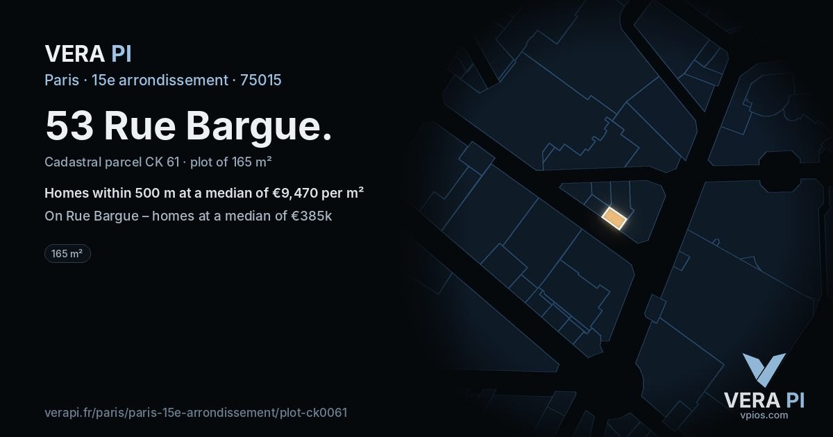 53 Rue Bargue, 15e arrondissement at night – the plot lit, the parcels around coloured by the prices near them