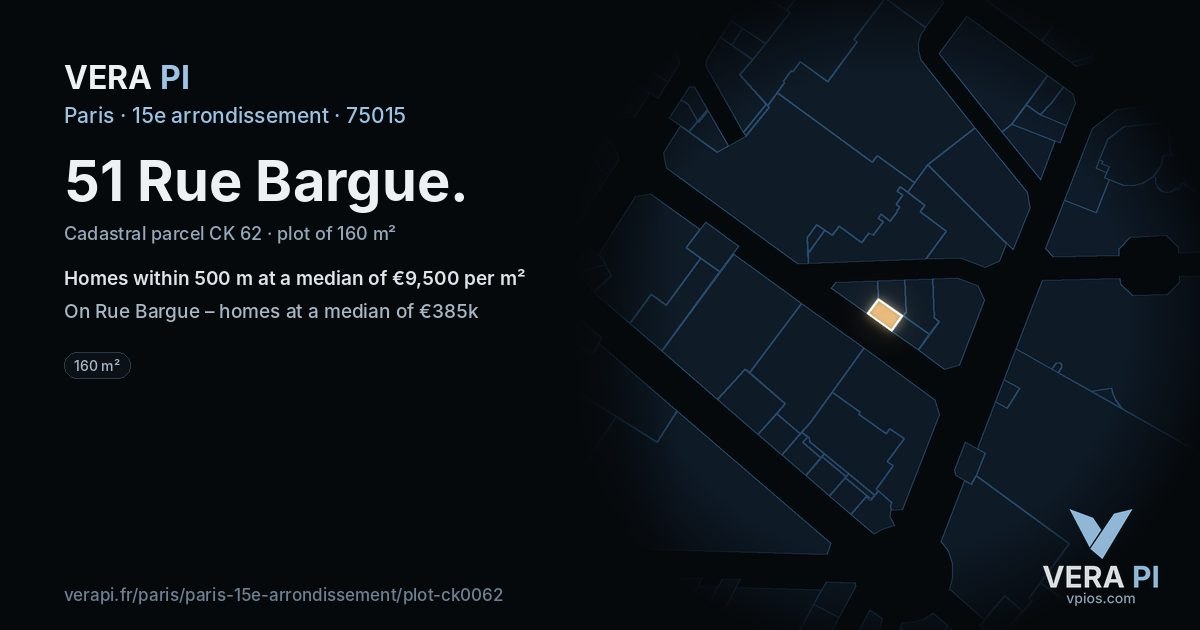 51 Rue Bargue, 15e arrondissement at night – the plot lit, the parcels around coloured by the prices near them
