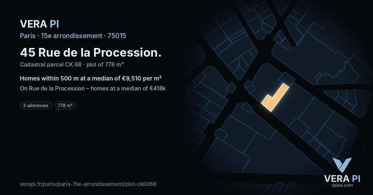 45 Rue de la Procession, 15e arrondissement at night – the plot lit, the parcels around coloured by the prices near them