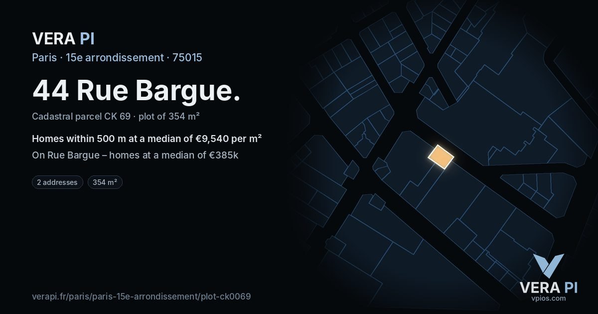 44 Rue Bargue, 15e arrondissement at night – the plot lit, the parcels around coloured by the prices near them