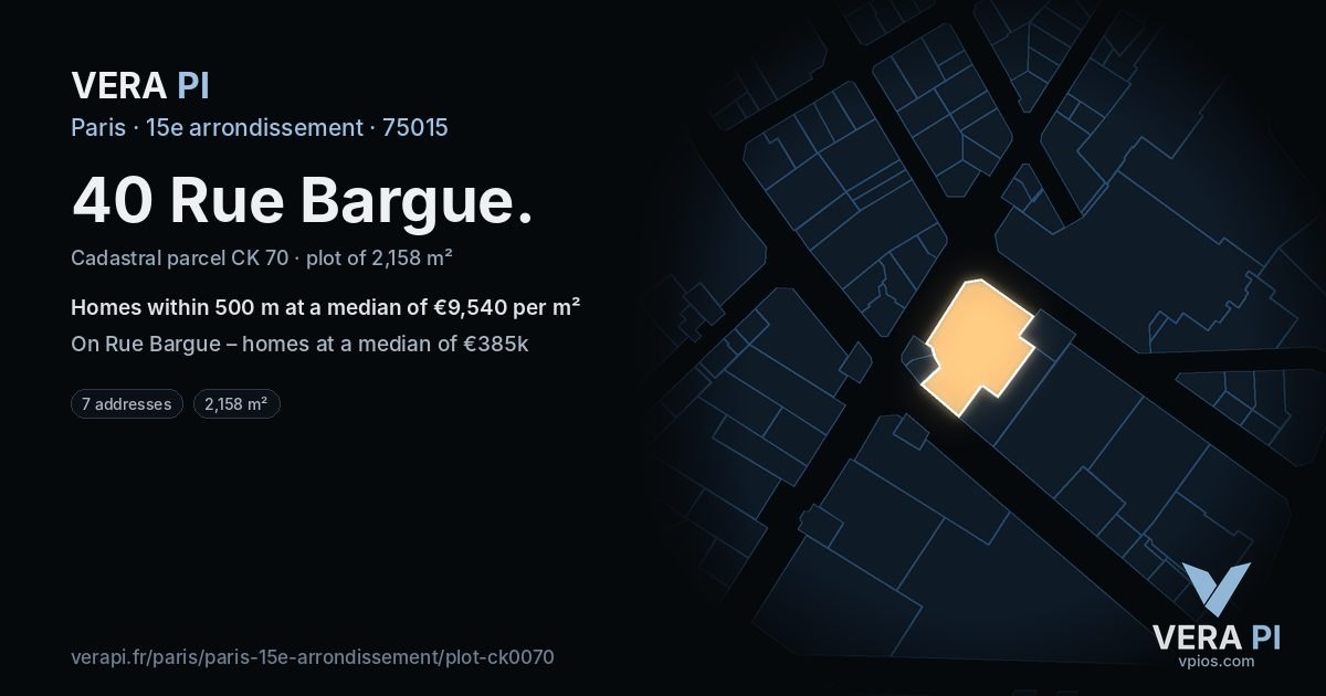 40 Rue Bargue, 15e arrondissement at night – the plot lit, the parcels around coloured by the prices near them