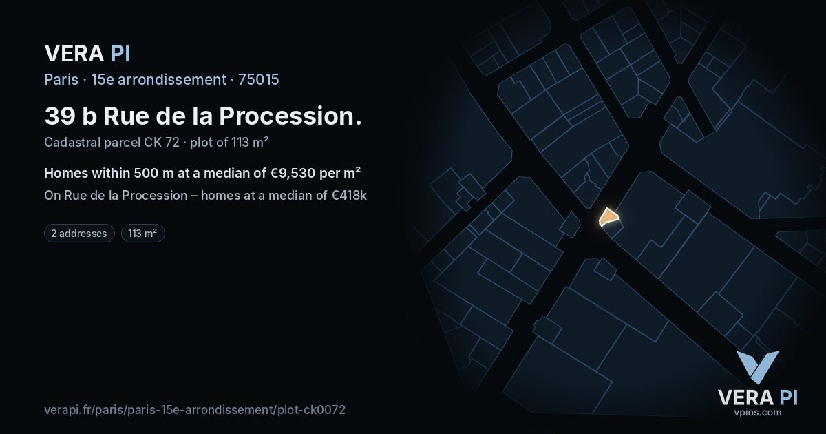 39 b Rue de la Procession, 15e arrondissement at night – the plot lit, the parcels around coloured by the prices near them