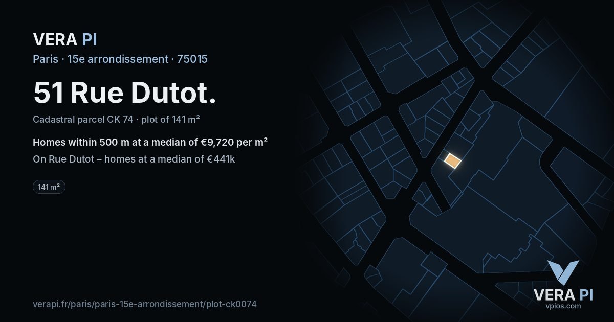 51 Rue Dutot, 15e arrondissement at night – the plot lit, the parcels around coloured by the prices near them