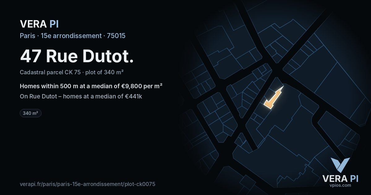 47 Rue Dutot, 15e arrondissement at night – the plot lit, the parcels around coloured by the prices near them