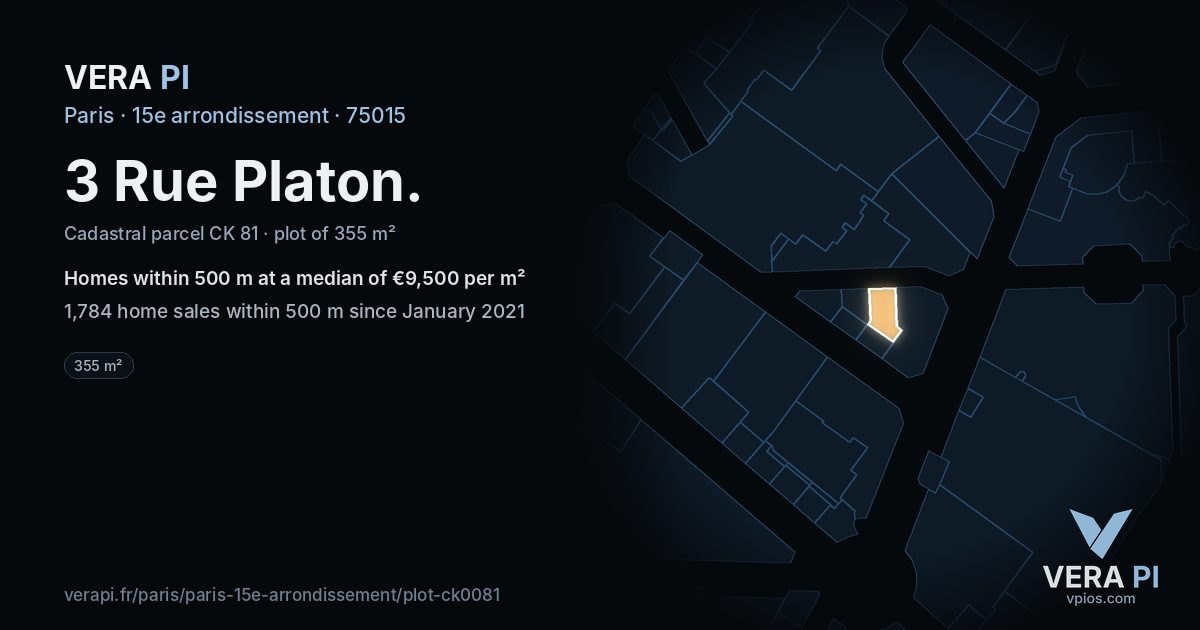 3 Rue Platon, 15e arrondissement at night – the plot lit, the parcels around coloured by the prices near them