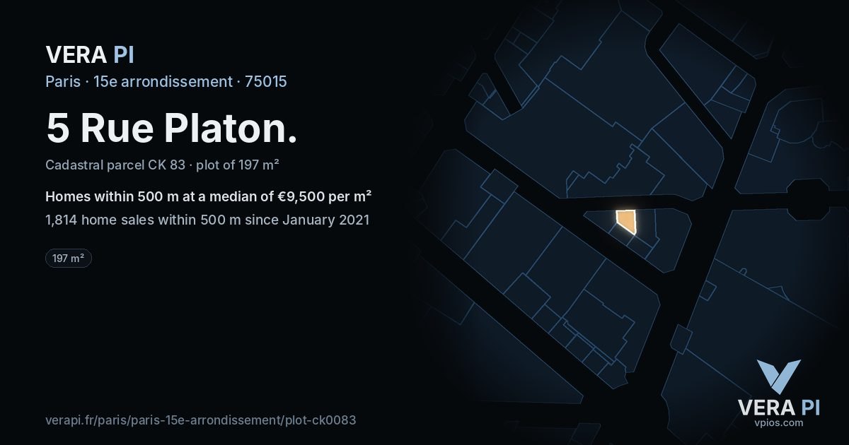 5 Rue Platon, 15e arrondissement at night – the plot lit, the parcels around coloured by the prices near them