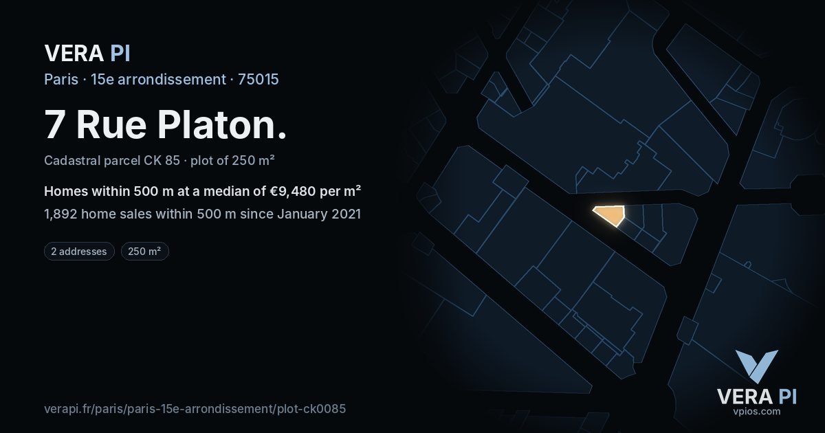 7 Rue Platon, 15e arrondissement at night – the plot lit, the parcels around coloured by the prices near them