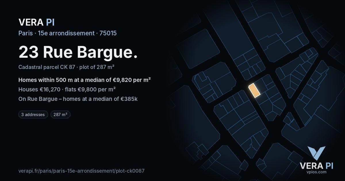 23 Rue Bargue, 15e arrondissement at night – the plot lit, the parcels around coloured by the prices near them