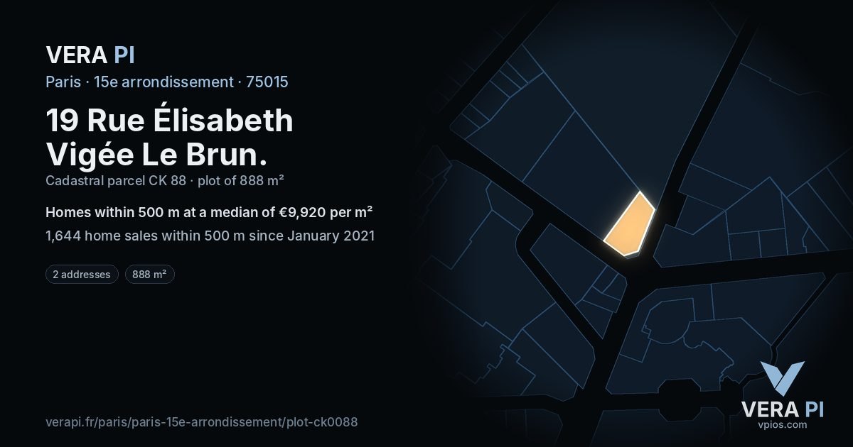 19 Rue Élisabeth Vigée Le Brun, 15e arrondissement at night – the plot lit, the parcels around coloured by the prices near them