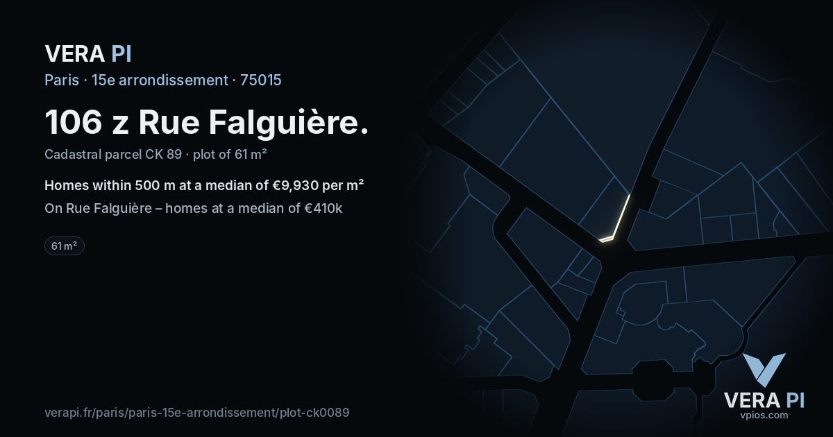 106 z Rue Falguière, 15e arrondissement at night – the plot lit, the parcels around coloured by the prices near them